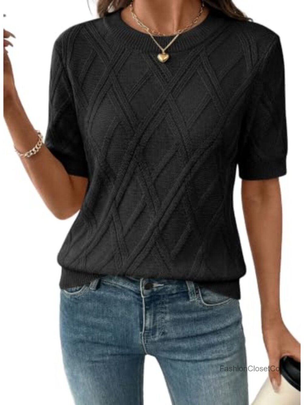 SHEWIN Womens Cable Knit Short Sleeve Sweater Crewneck Business Casual Top